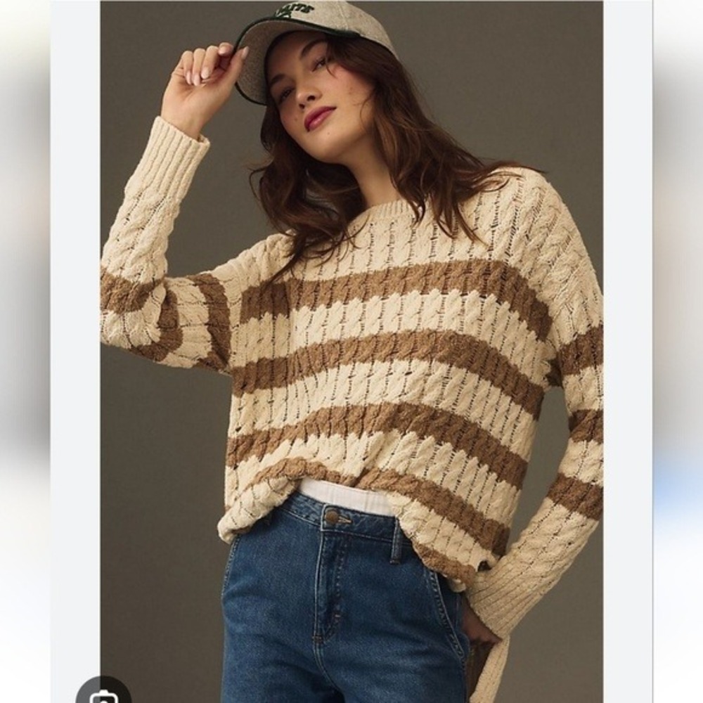 Pilcro Anthropologie‎ Striped Crewneck Chunky Cable Knit Sweater Women's Small